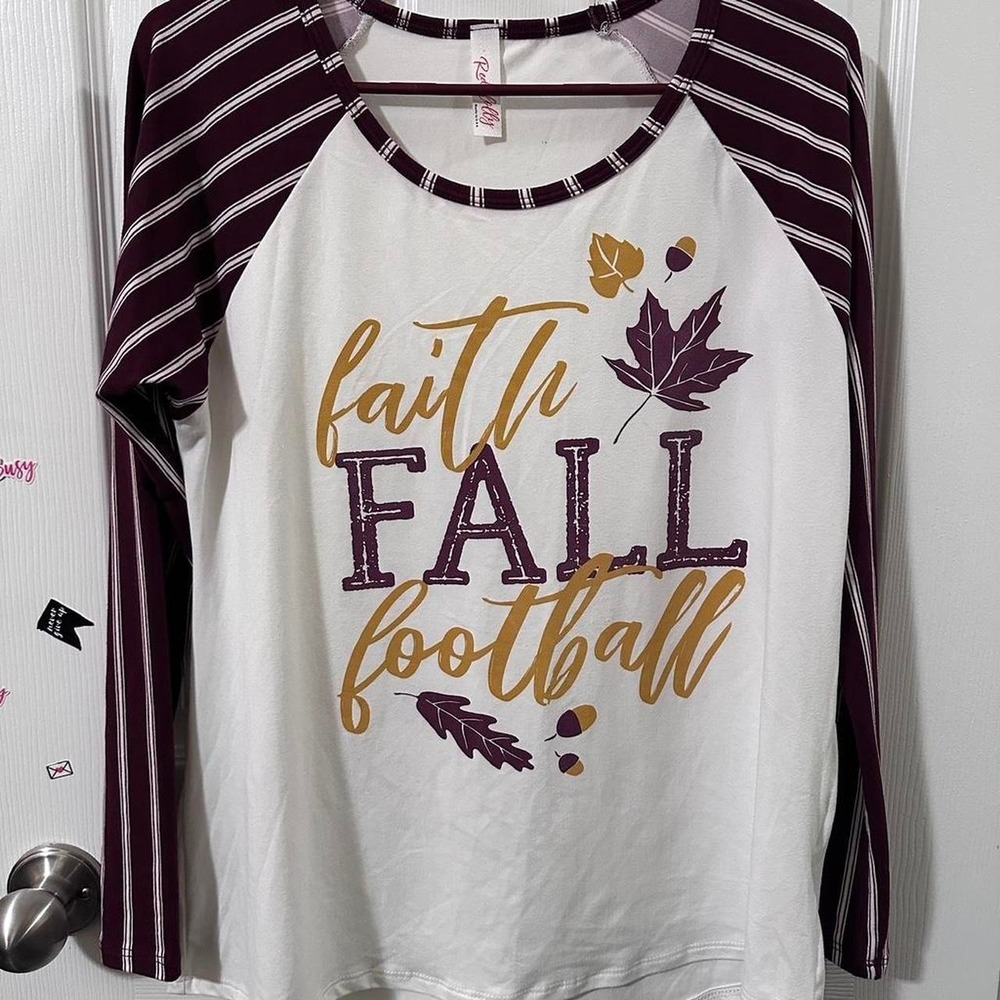 Red Lolly Raglan Top Womens Small White Burgundy Faith Fall Football Excellent
